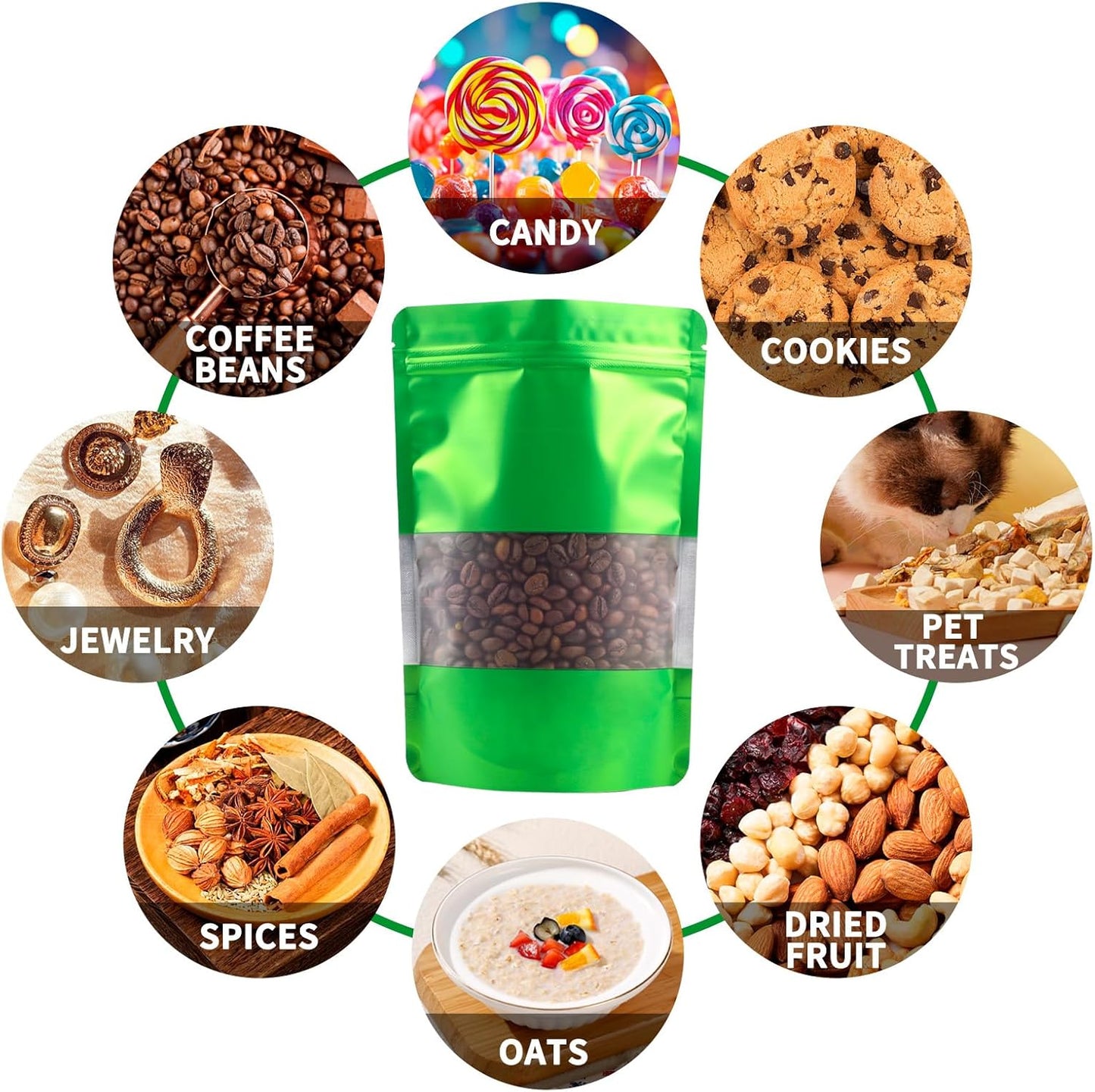 100 Pack Smell Proof Bags, Resealable Green Mylar Bags with Matte Window, Foil Pouch Stand Up Sealable Bags for Packaging, 5.51 × 7.87 Inch