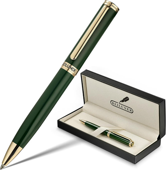 BEILUNER Luxury Gel Pen with 24K Gold Finish, Green Piano Lacquer, Luxury Grade Craftsmanship, Fancy Pen Gift Set for Men and Women, Graduation Gift, Executive, Office, Retractable, Nice Pen Set