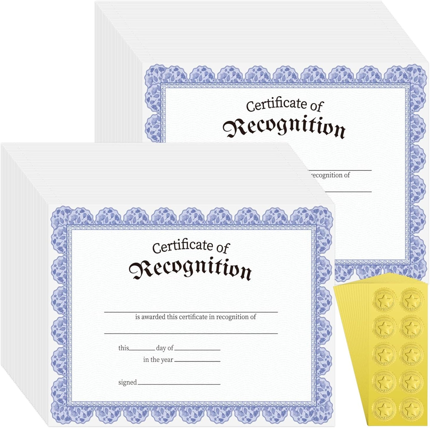 150 Pcs Blue Floral Certificate of Recognition Paper 8.5 x 11 In with Gold Foil Sticker Seals Prestige Certificate Award Paper Bundle Printable for Recognition Graduation Achievement Appreciation