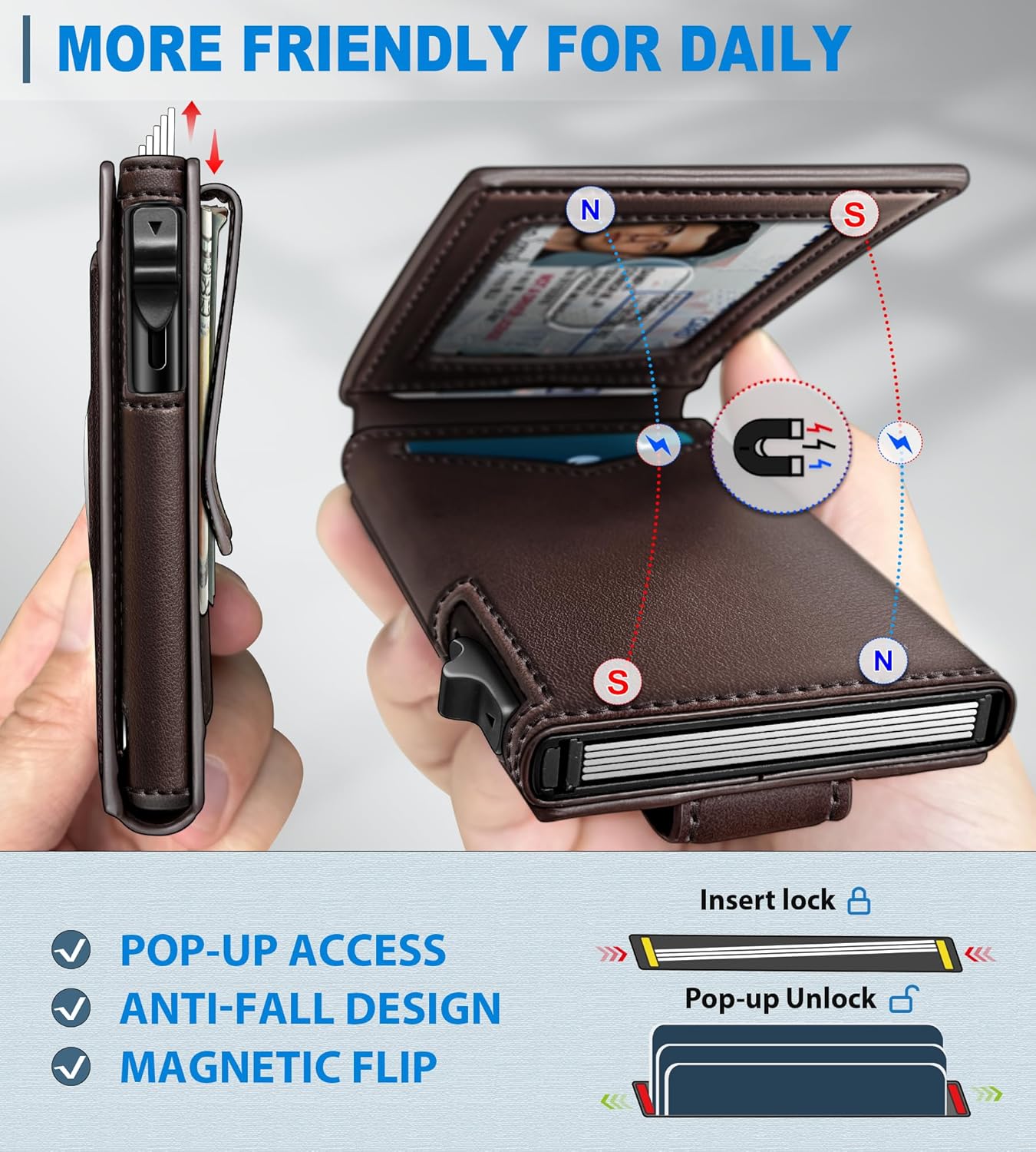 Airtag Wallet for Men,with Money Clip Gift Boxed,Slim Front Pocket Wallet RFID Blocking Metal Case Smart Pop-up Credit Card Holder in Magnetic Leather Flip