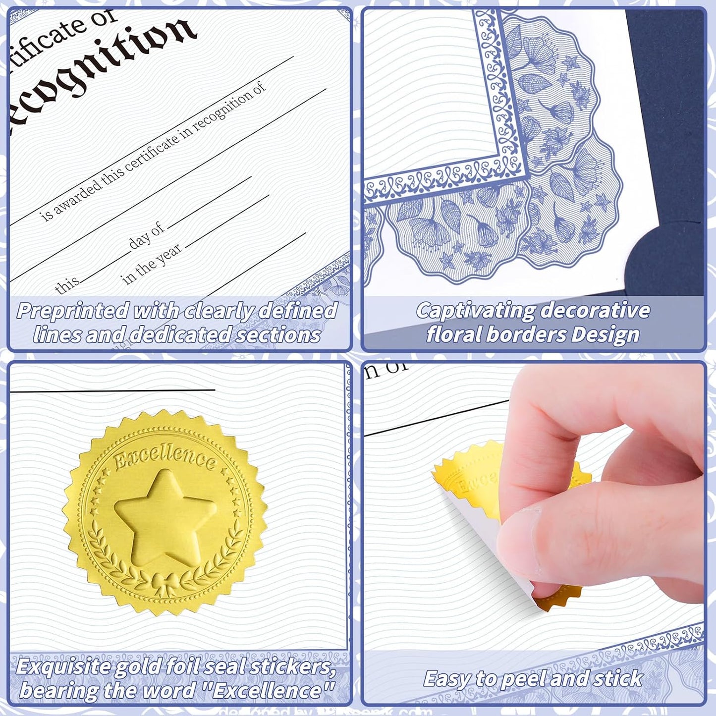 150 Pcs Blue Floral Certificate of Recognition Paper 8.5 x 11 In with Gold Foil Sticker Seals Prestige Certificate Award Paper Bundle Printable for Recognition Graduation Achievement Appreciation