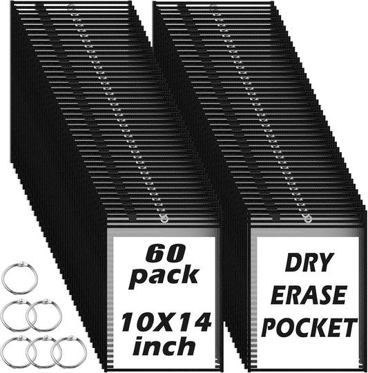 60 Packs Dry-Erase Pockets Bulk Oversized Reusable Dry Erase Pocket Sleeves with 4 Rings, 10x14 Black Ticket Holders, Clear Plastic Sheet Protectors, Teacher School Classroom Supplies