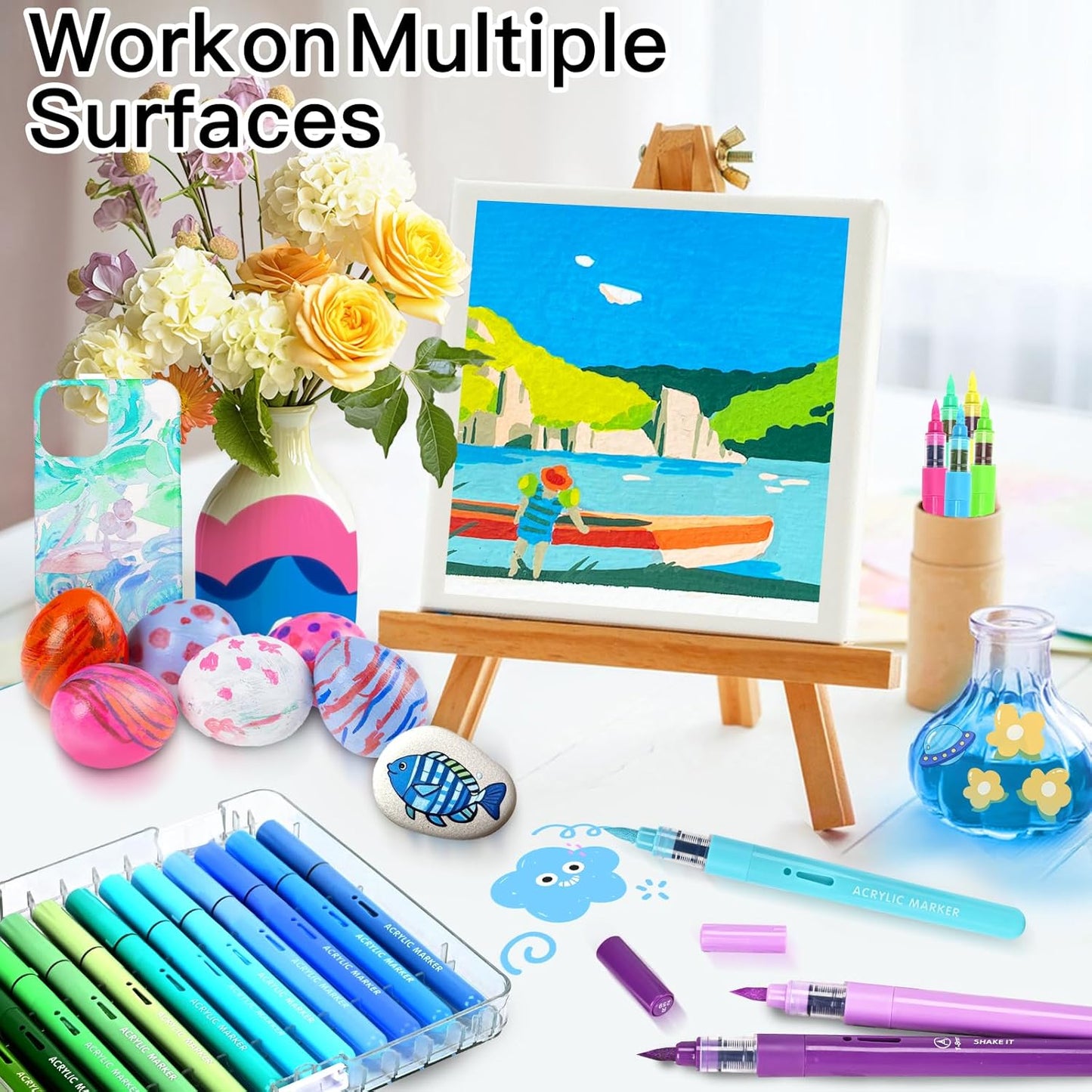 60 Colors Acrylic Paint Markers, Automatic Ink Control System with Soft Brush Tip Acrylic Paint Pens for Rock Painting, Canvas, Wood, Glass, Metal, Ceramic, Calligraphy, Card Making, DIY Crafts