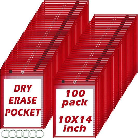 100 Packs Dry-Erase Pockets Bulk Job Ticket Holders Oversized Reusable Dry Erase Pocket Sleeves with 6 Ring, 10x14 Red Ticket Holders, Clear Plastic Sheet Protectors, Teacher School Classroom Supplies