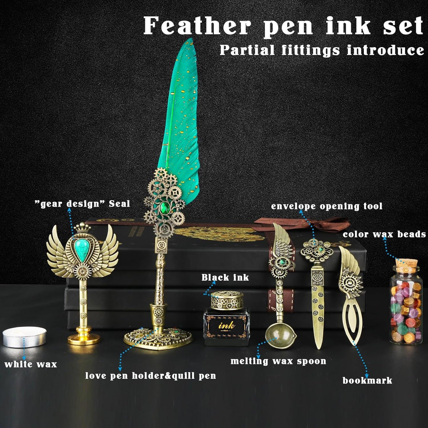 Aifeiter Quill Pen Ink Set, Feather Calligraphy Pen, Wax Seal Stamp, Beautiful Gift Calligraphy Set, Christmas Gifts - Green