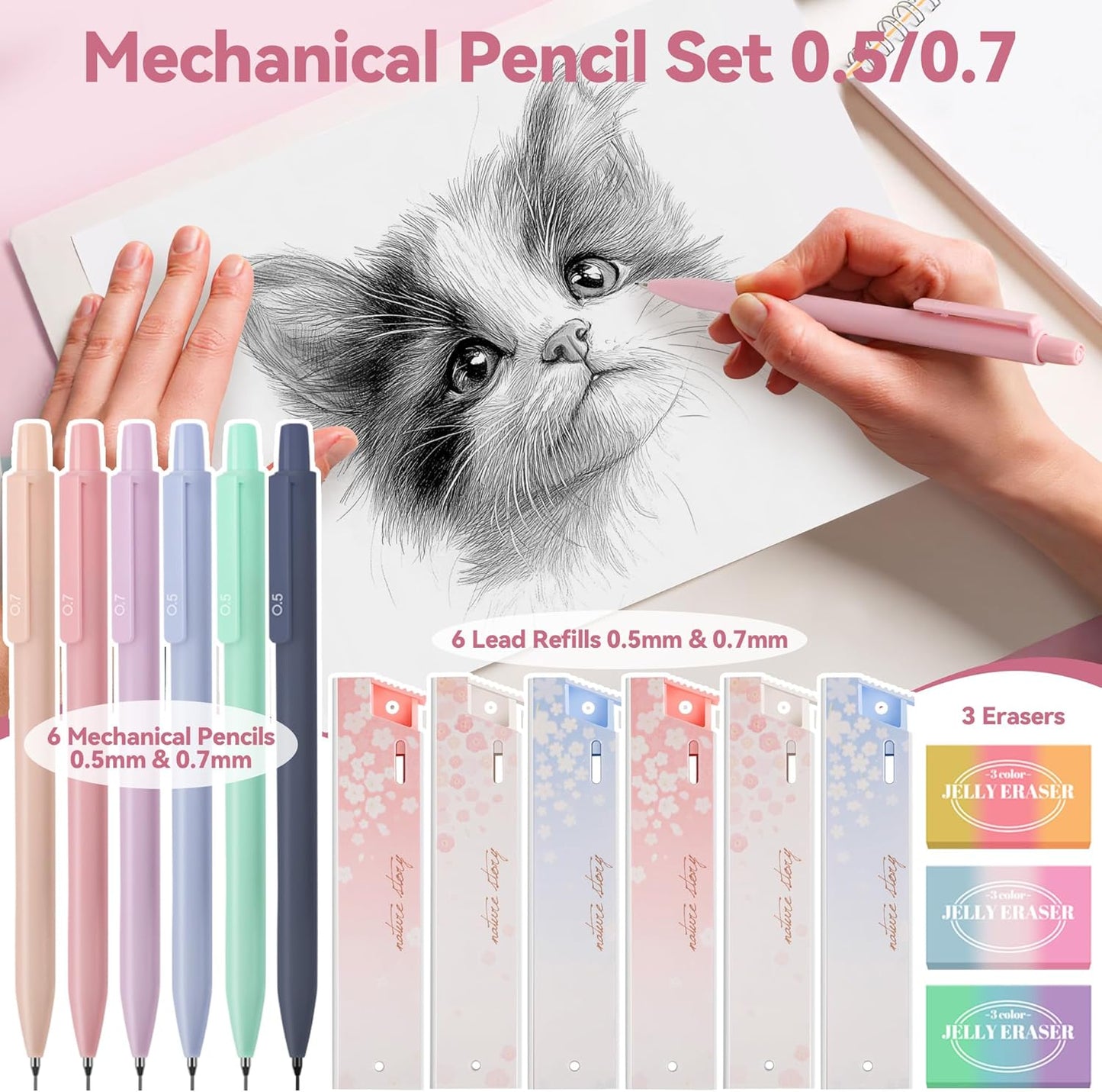 61 PCS Aesthetic School Supplies with Cute Pencil Case, Pastel Highlighters, Gel & Erasable Pens, Mechanical Pencils, Refills, Complete Essentials Stationery Kit for Students (Pink)