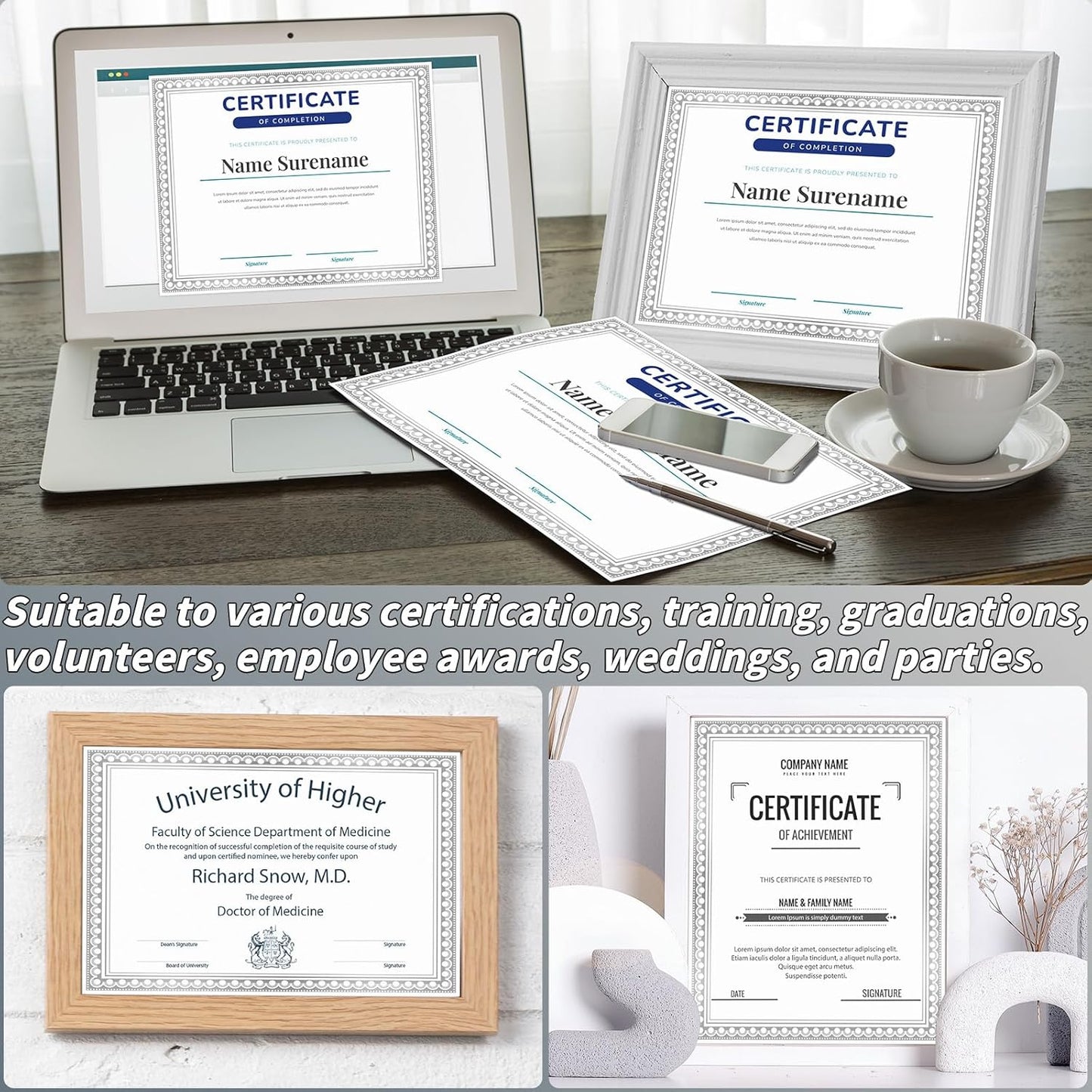 200 Sheet Silver Foil Award Certificate Paper Bulk 8.5 x 11 in for Printing Customizable Blank Cardstock Silver Border Certificate Laser and Inkjet Printer Friendly for Graduation Diploma Achievement