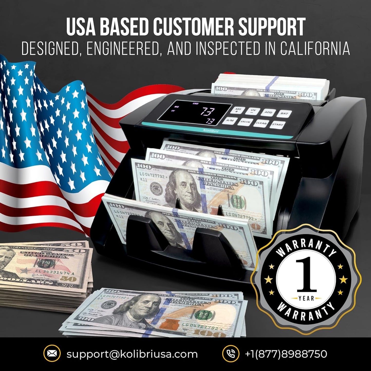 KOLIBRI Money Counter Machine with Advanced Fake Detection & LCD Display | 1,500 Bills per Minute Single-Denomination Cash Counter | Bill Counter Machine (US Customer Support)