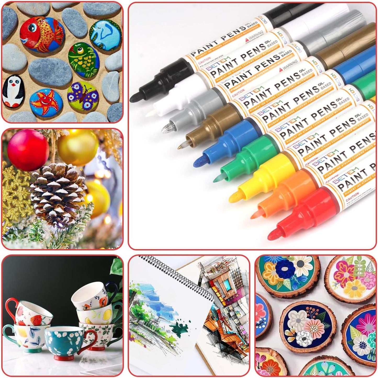 Betem 9 Colors Dual Tip Oil Based Paint Markers Acrylic Paint Pens(0.7mm & 3mm),Permanent,Waterproof,Quick Dry,for Rock Painting,Wood,Plastic,Metal,Canvas,Glass,DIY Crafts,Art Supplies