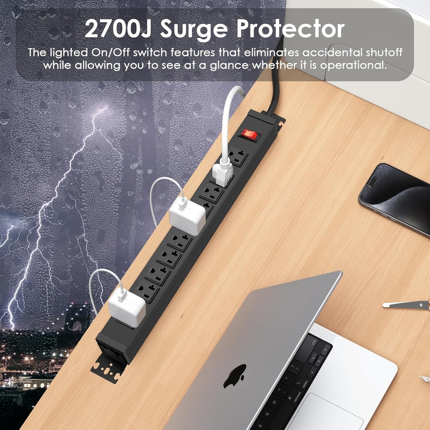 JUNNUJ Multi Angle Mount 10 Outlet 20 Amp Power Strip Heavy Duty, 2700J Surge Protector Under Desk with Switch 20A, Garage Workbench Gaming Outlet Table Wall Mountable, 3FT 12AWG Extension Cord