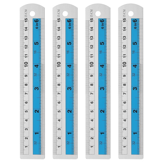 HARFINGTON 4pcs Metal Straight Ruler 15cm Metric SAE Aluminum Alloy Measuring Rulers Scale Tools with Hole for Measure Study Reading Classroom Office, Blue