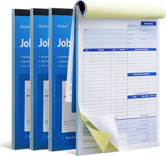 Job Work Order Forms, Large Size Contractor Invoice Book 8-1/2" x 11-7/16", Invoice Receipt Book for Small Business, 2-Part Carbonless Forms, 200 Sets (4 Books)