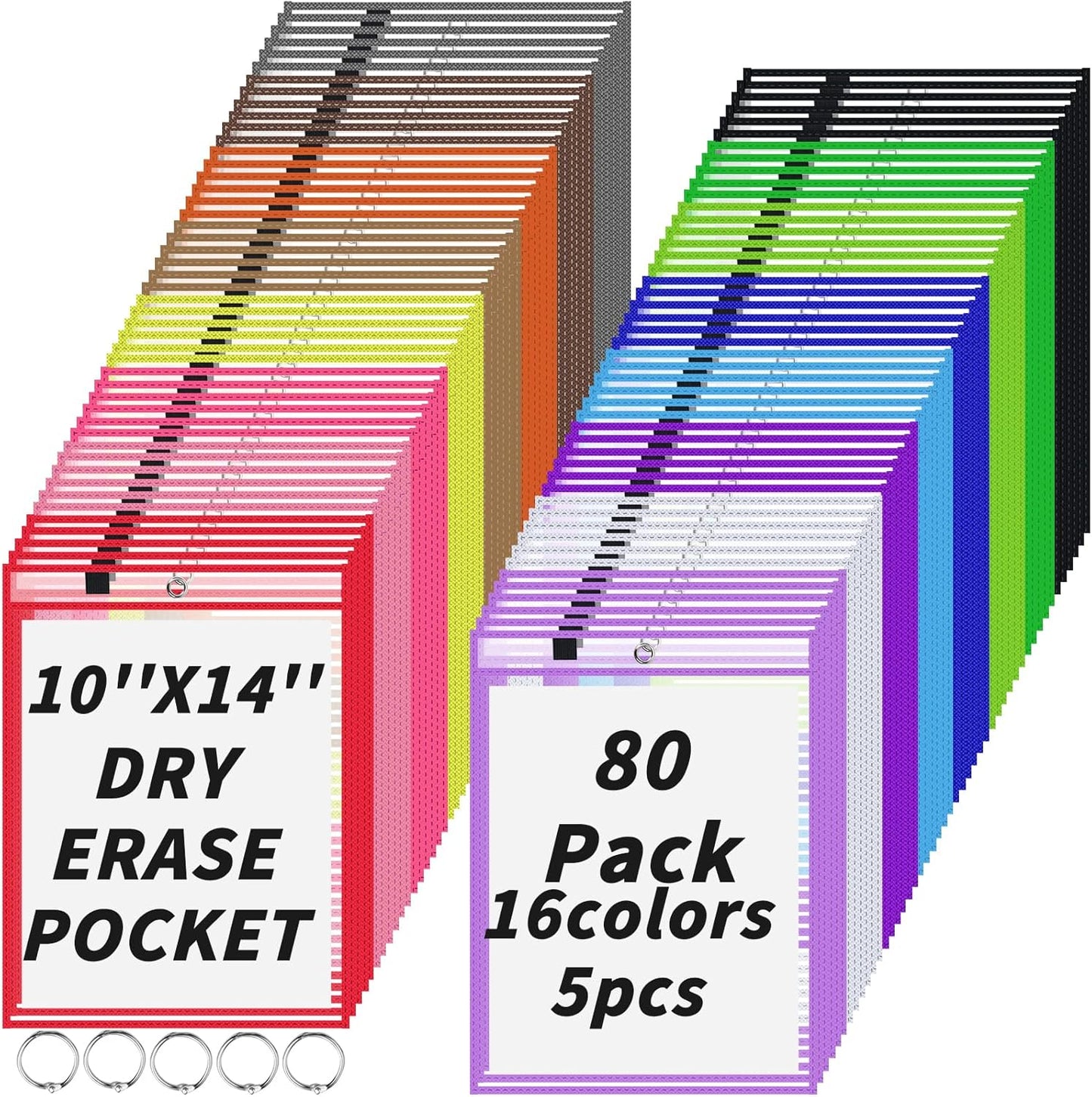 80 Packs Dry-Erase Pockets Bulk Oversized Reusable Dry Erase Pocket Sleeves with 5 Rings, 16 Assorted Colors 10x14 Ticket Holders, Clear Plastic Sheet Protectors, Teacher School Classroom Supplies