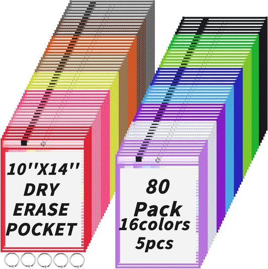 80 Packs Dry-Erase Pockets Bulk Oversized Reusable Dry Erase Pocket Sleeves with 5 Rings, 16 Assorted Colors 10x14 Ticket Holders, Clear Plastic Sheet Protectors, Teacher School Classroom Supplies