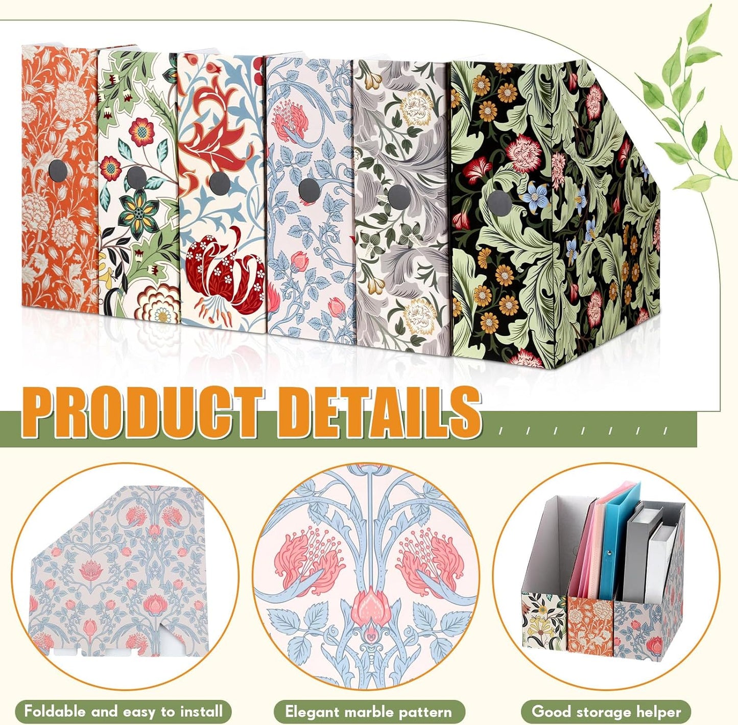 PerKoop 12 Pcs Magazine File Holder Foldable Decorative Cardboard File Folders 6 Patterns Floral Colored Magazine Rack with Printable Sticker Labels for School Office Home Desk (Floral)