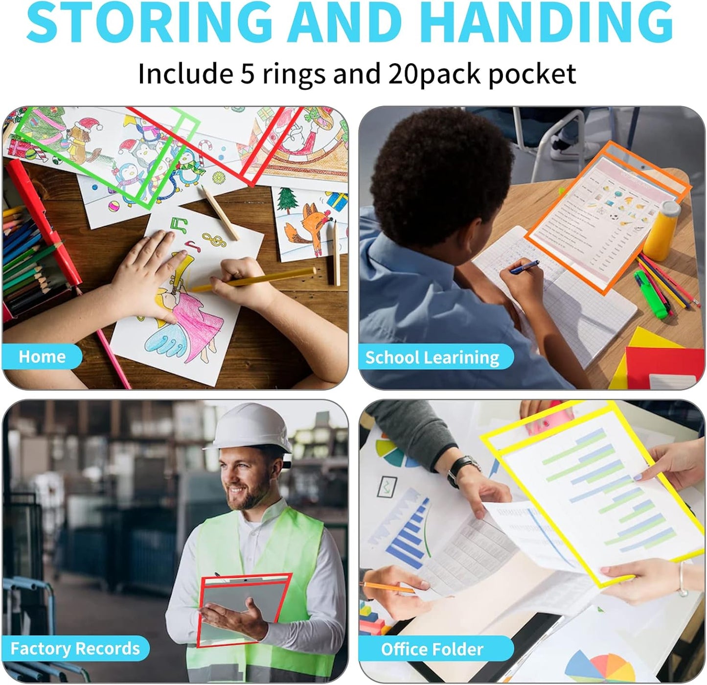 50 Pack 6x9 Inch Shop Ticket Holders - 5 Assorted Colors Dry Erase Pocket Sleeves with 5 Rings for Industrial Shop Ticket & Office