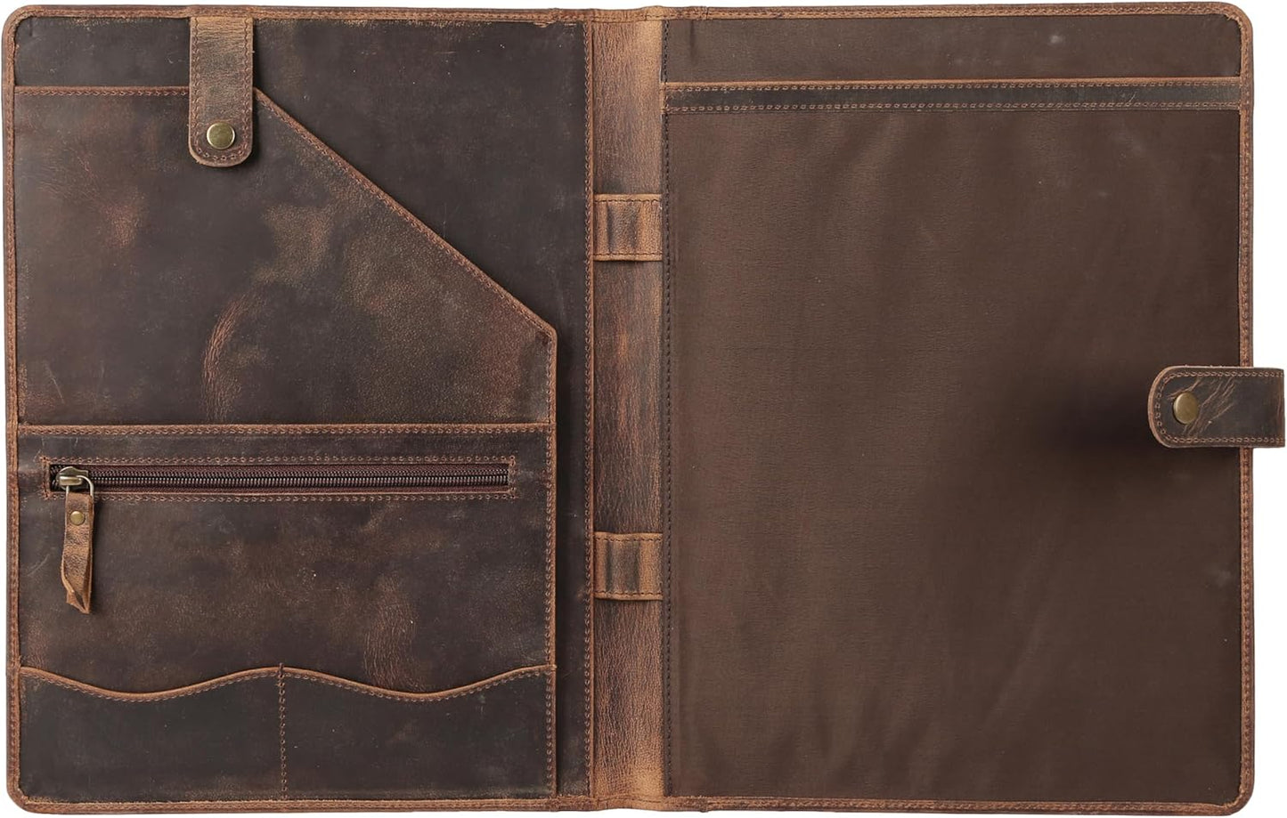 KomalC Leather Portfolio Folder with Button Closure | Business Padfolio for Professionals | Vintage Full-Grain Leather Organizer with Legal Pad Holder, Card Slots & Document Pockets (Distressed Tan)