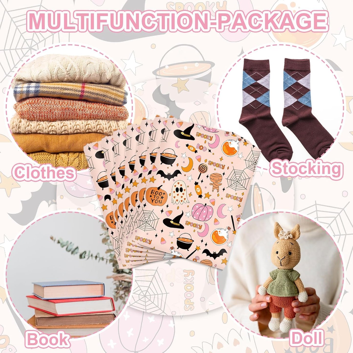 100Pcs Halloween Poly Mailers 10 x 13 Inch Pink Cartoon Spooky Pumpkin Spiderweb Packaging Bags Self Seal Mailing Envelope Bags for Small Business Clothing