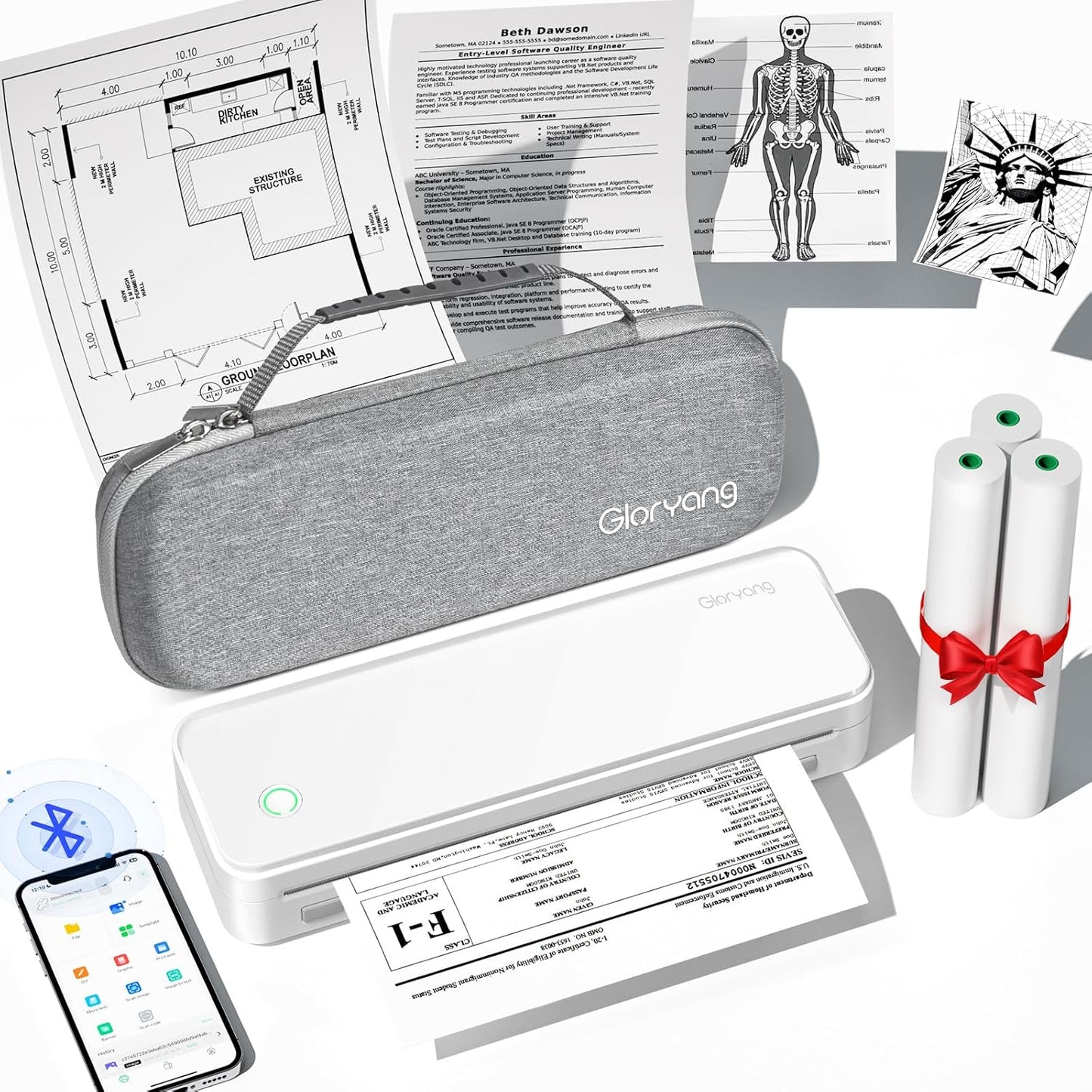 Inkless Portable Printer for Travel, Wireless Thermal Printer Supports 8.5 x 11 Inch US Letter Size, Bluetooth Machine Includes Carry Case and 3 Rolls of Thermal Paper Kit, White