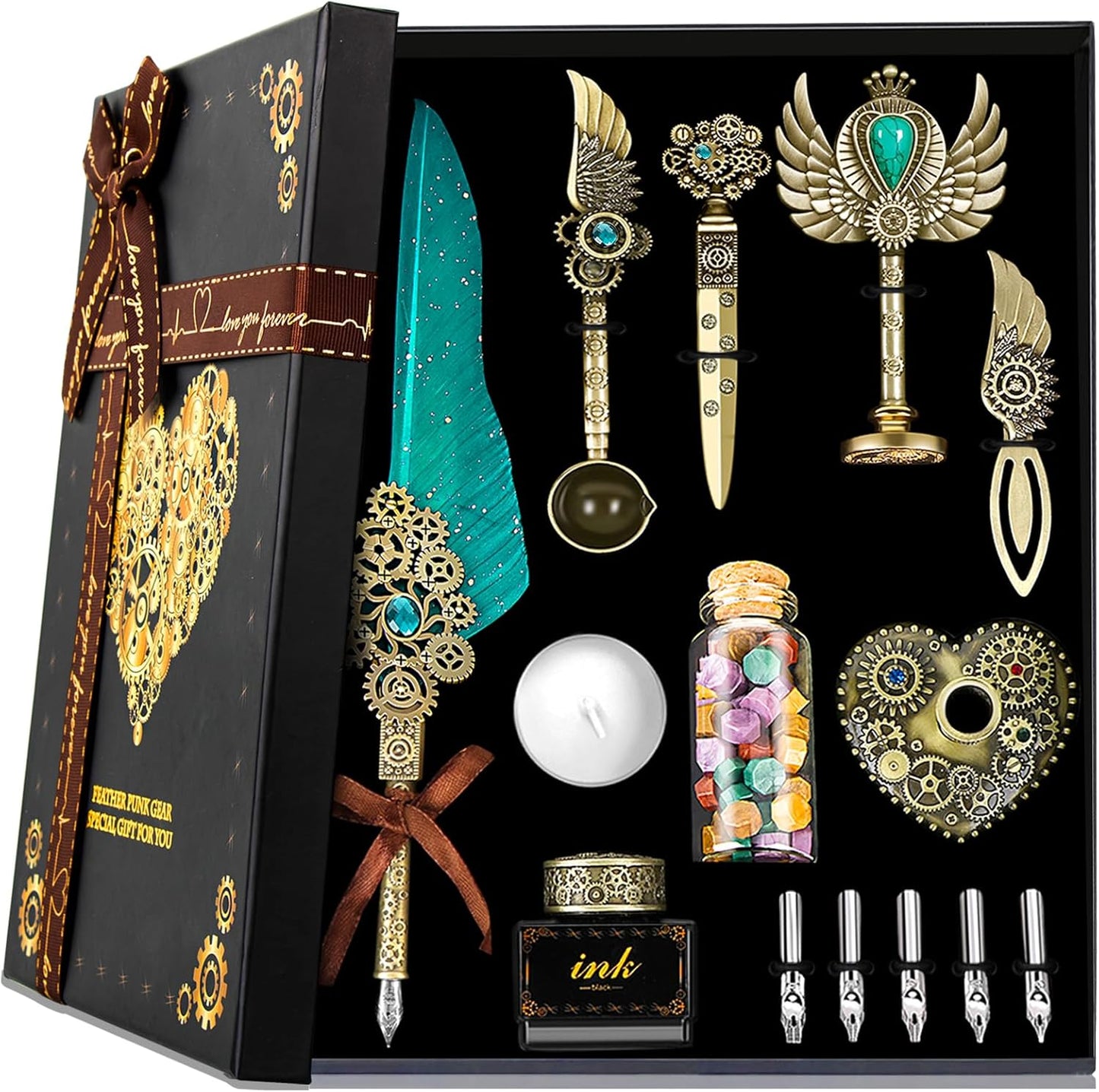 Aifeiter Quill Pen Ink Set, Feather Calligraphy Pen, Wax Seal Stamp, Beautiful Gift Calligraphy Set, Christmas Gifts - Green