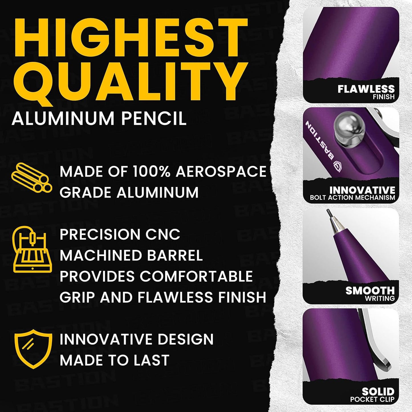 Bastion Mechanical Pencil with Medium Point Refillable Leads - Premium Aluminum Bolt Action Gift Case Metal For Architecture, Drawing, Sketching 20x0.7mm Lead Refills, Purple