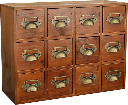 12-Drawer Apothecary Cabinet - Index Card Organizer - Mahogany Wooden Card Catalog - Fits Standard US 3x5in Index Cards - Vintage Desktop Drawer Organizer for Tea, Herbs, and Office Supplies