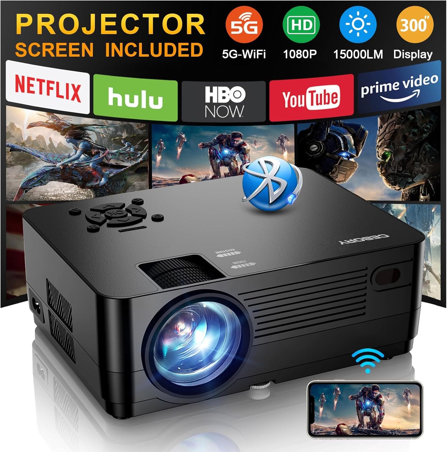 5G WiFi Bluetooth Native 1080P Projector[Projector Screen and Carrying Bag Included], CEBORY 15000LM Full HD Movie Projector,300" Display 4k Home Video Projector,Compatible with HDMI/USB/PHONE/Laptop