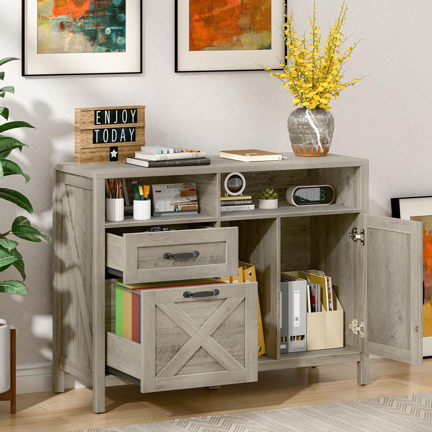 Lateral File Cabinet with 2 Drawers and Door, Farmhouse File Cabinet for A4/Letter Size Hanging Files, Large Wood File Storage Cabinets Printer Stand with Open Space for Home Office Furniture, Grey