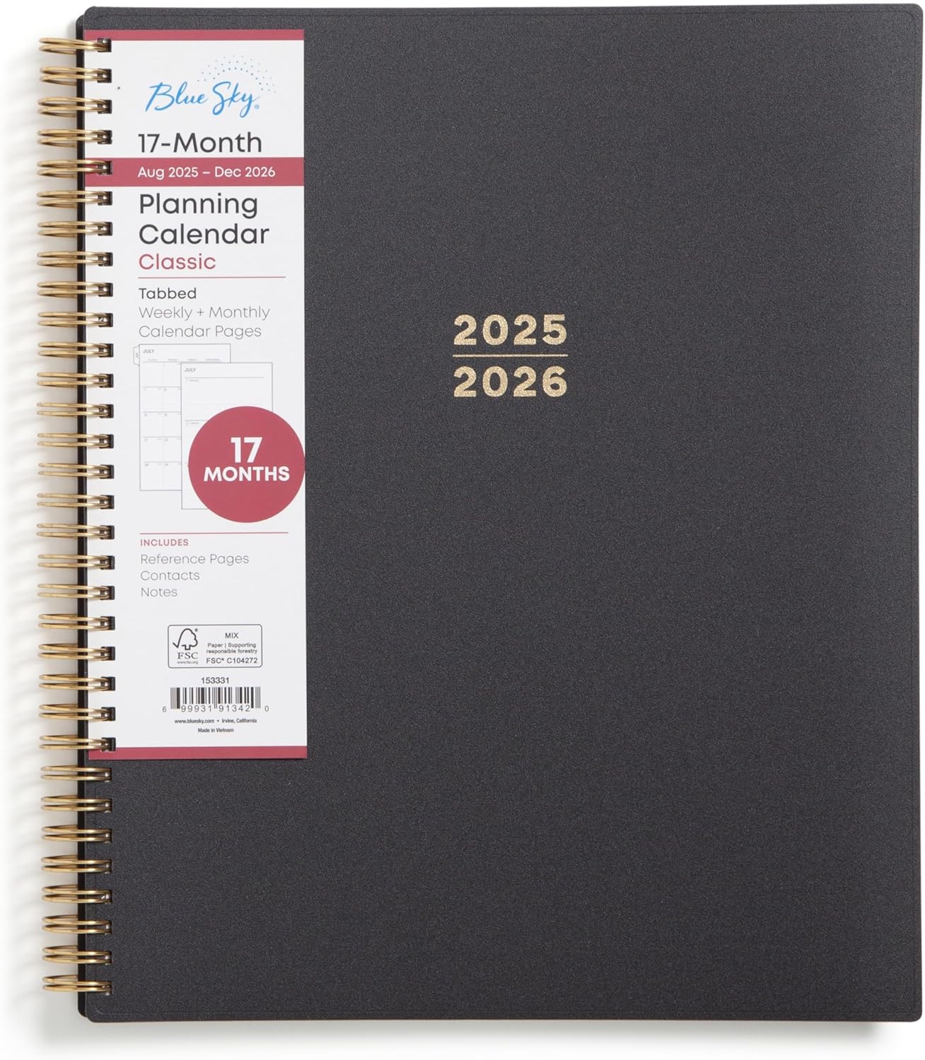 Blue Sky 2025-2026 Academic Year Weekly and Monthly Planner Calendar, August 2025 - December 2026, 17-Month, 8.5" x 11", Flexible Cover, Wirebound, Laminated Tabs, Black
