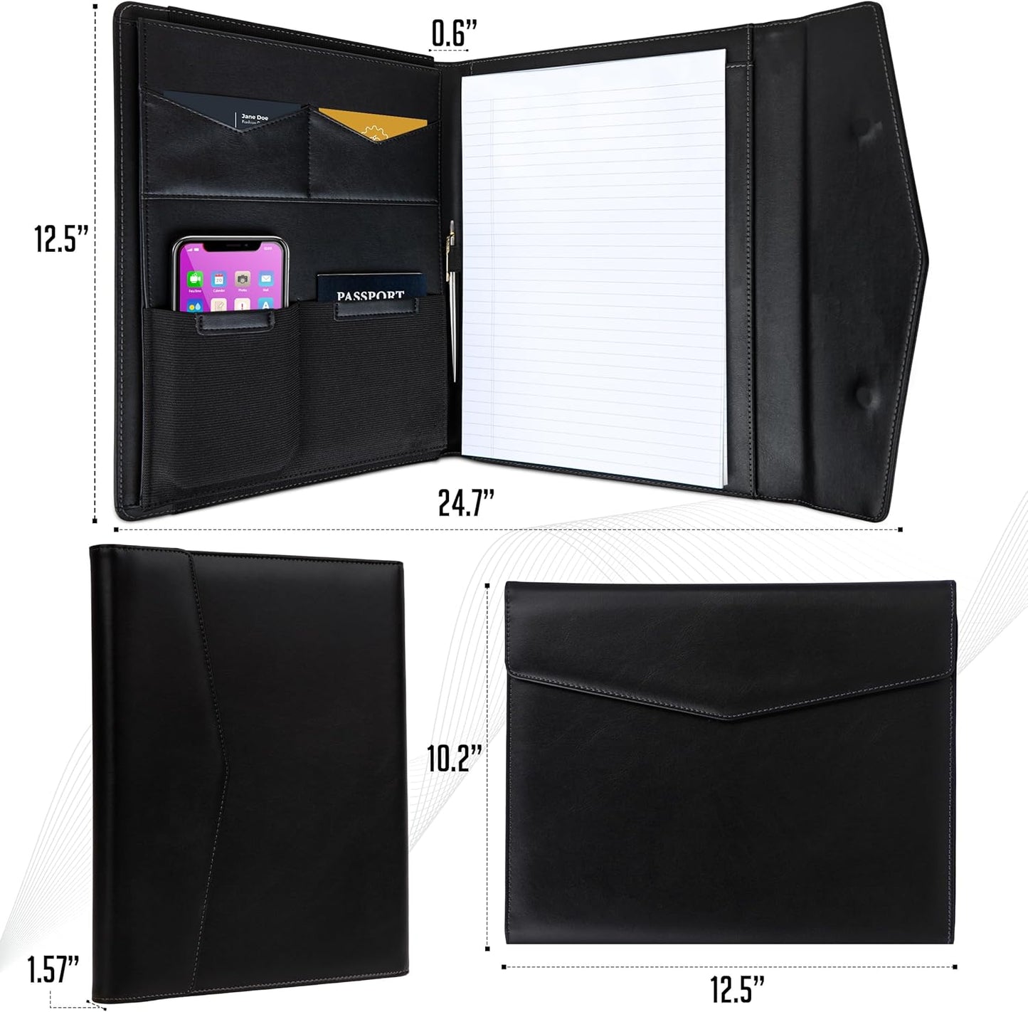 STLYIO Trifold Padfolio - Magnetic Closure. Stretchable Compartment for Tablet, Documents. Elastic Pockets for Phone, Gadgets, Passport, Travel Documents. Letter-Sized Notepad and Gift Box Included.