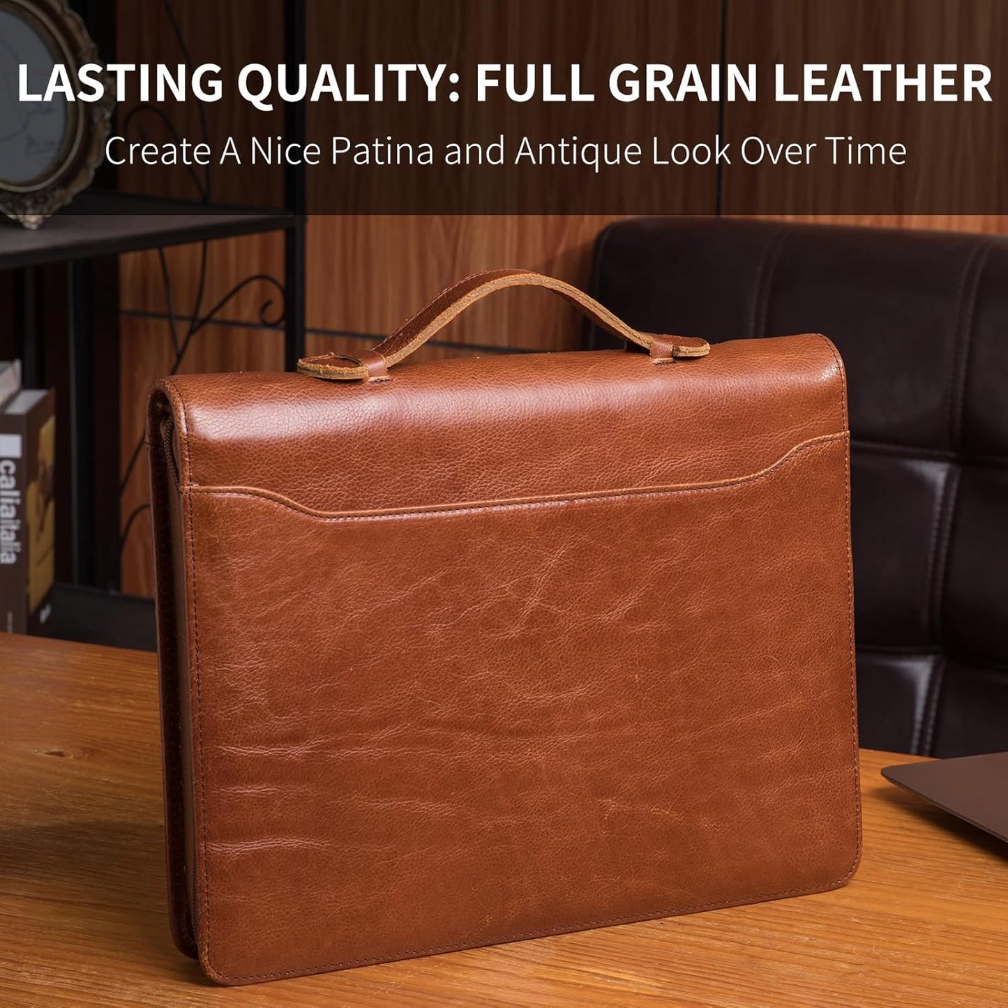 Personalized Genuine Leather Portfolio with Hidden Handle, Front Pocket, Custom Engraved Business Padfolio Tablet/13” Laptop Organizer, Professional Executive Document Folio, Brown, Oil Tanned