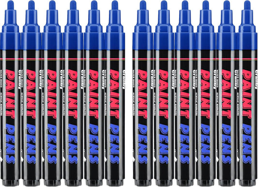 Blue Paint Pens Paint Markers - 12 Pack Permanent Quick Dry Waterproof Marker Pens for Rocks Wood Fabric Plastic Canvas Glass Mugs Metal Tire Stone