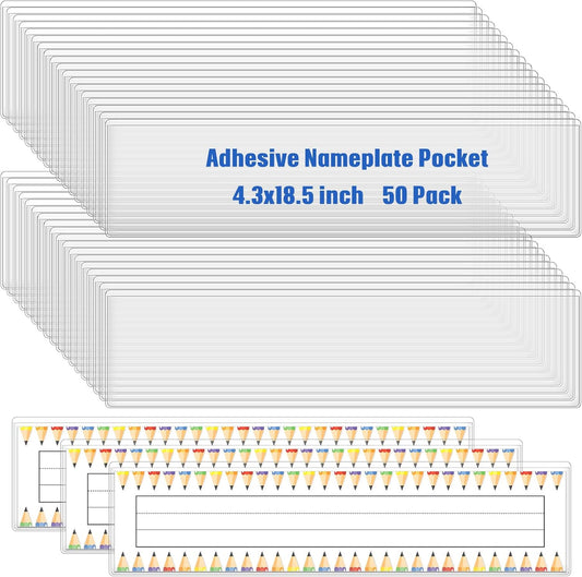 Jeyiour 50 Pcs Label Holders Adhesive Nameplate Pockets Storage Bin Labels Index Card Holder Shelf Plastic Peel Stick for Classroom Supermarket Bookshelf Library Student Box Drawer (4.3 x 18.5 Inch)