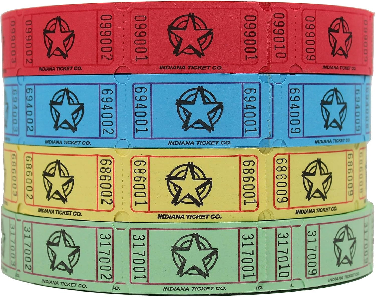 INDIANA TICKET CO. Raffle Roll Tickets Star - 2000 Tickets Each in Blue, Red, Yellow, & Green (8000 Total) 1x2 Tickets Admission, Events, Fundraisers, Prizes, Classroom Rewards, (Pack of 4)