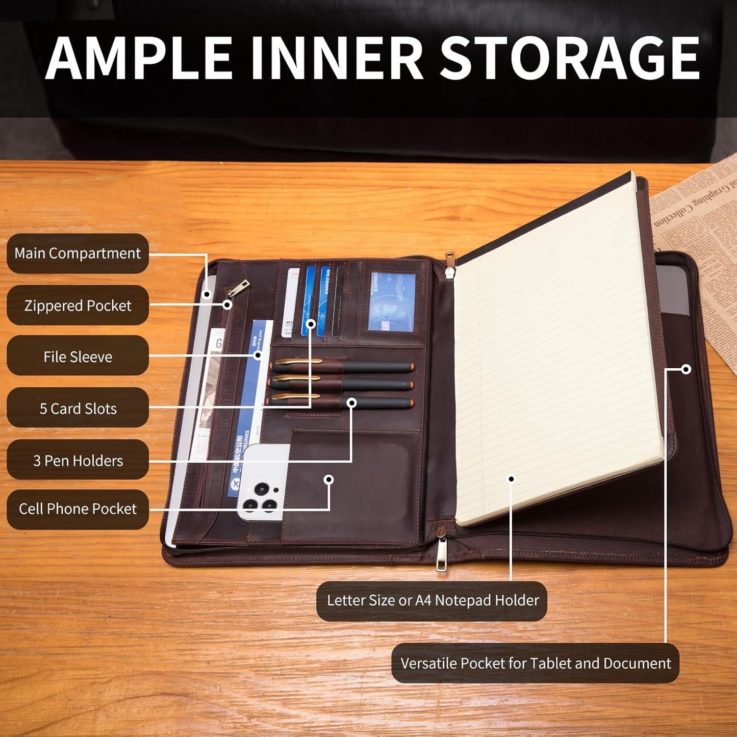 Genuine Leather Portfolio with Hidden Handle, Front Pocket, Business Padfolio Tablet/13” Laptop Organizer, Folio Document Cell Phone Holder, Professional Executive Folder, Dark Brown