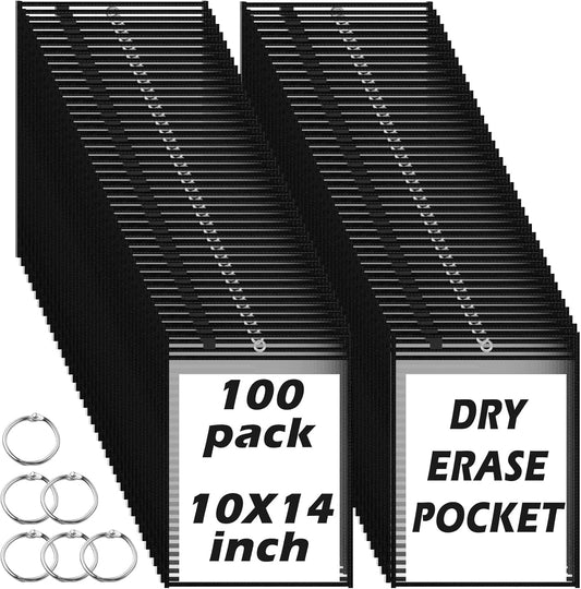 100 Packs Dry-Erase Pockets Bulk Oversized Reusable Dry Erase Pocket Sleeves with 6 Rings, 10x14 Black Ticket Holders, Clear Plastic Sheet Protectors, Teacher School Classroom Supplies