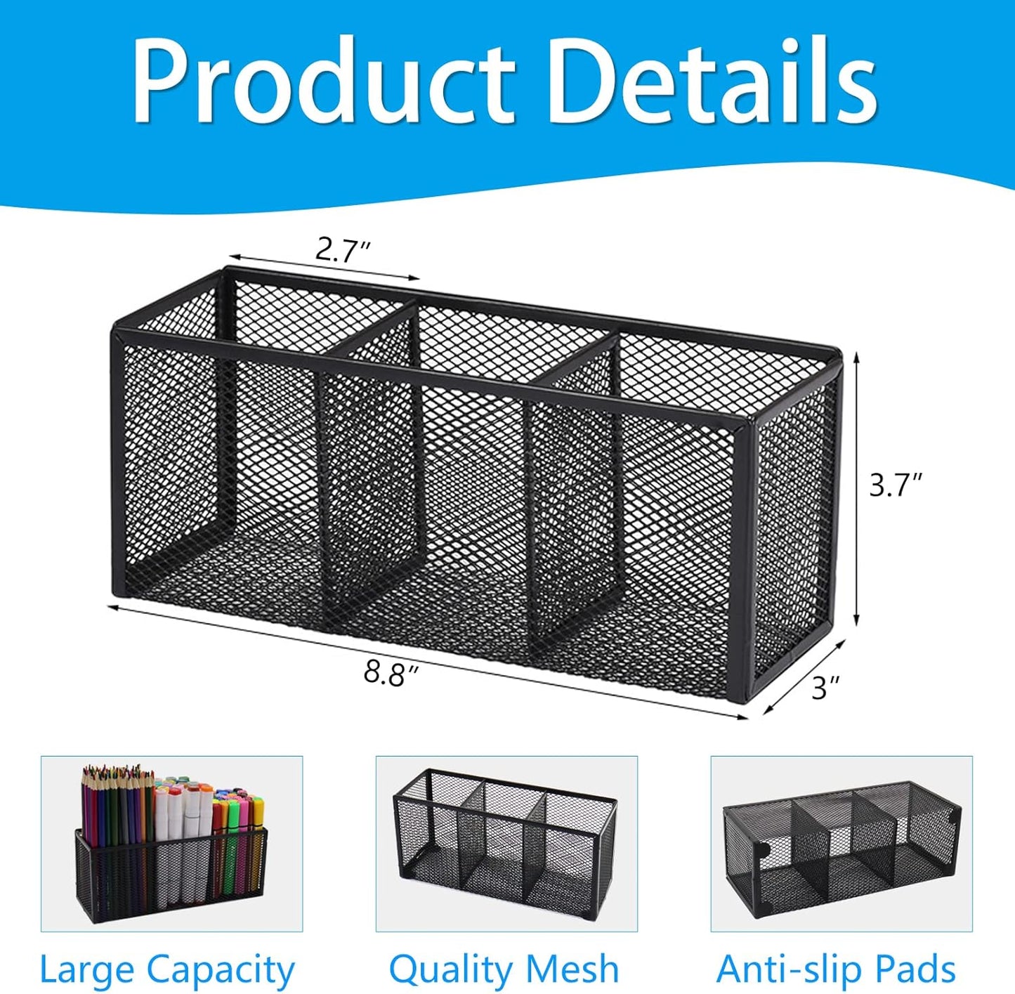Black Mesh Pen Pencil Holder, Small Metal Desk Organizer Desktop Stationery Office Supplies Acessories Storage Stand, 3 Compartments Brushes Holder for Home School Classroom Teachers