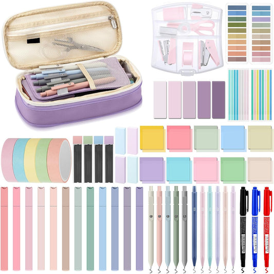 60 Pcs Aesthetic Book Annotation Kit School Supplies Cute Pencil Case with Highlighter Gel Pen Mechanical Pencil Magnetic Bookmarks Transparent Sticky Note Tabs Student Stationary(Purple)
