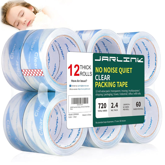JARLINK No Noise Clear Quiet Packing Tape (12 Rolls), Heavy Duty Packaging Tape for Shipping Packaging Moving Sealing, 2.4mil Thick, 1.88 inches Wide, 60 Yards Per Roll, 720 Total Yards