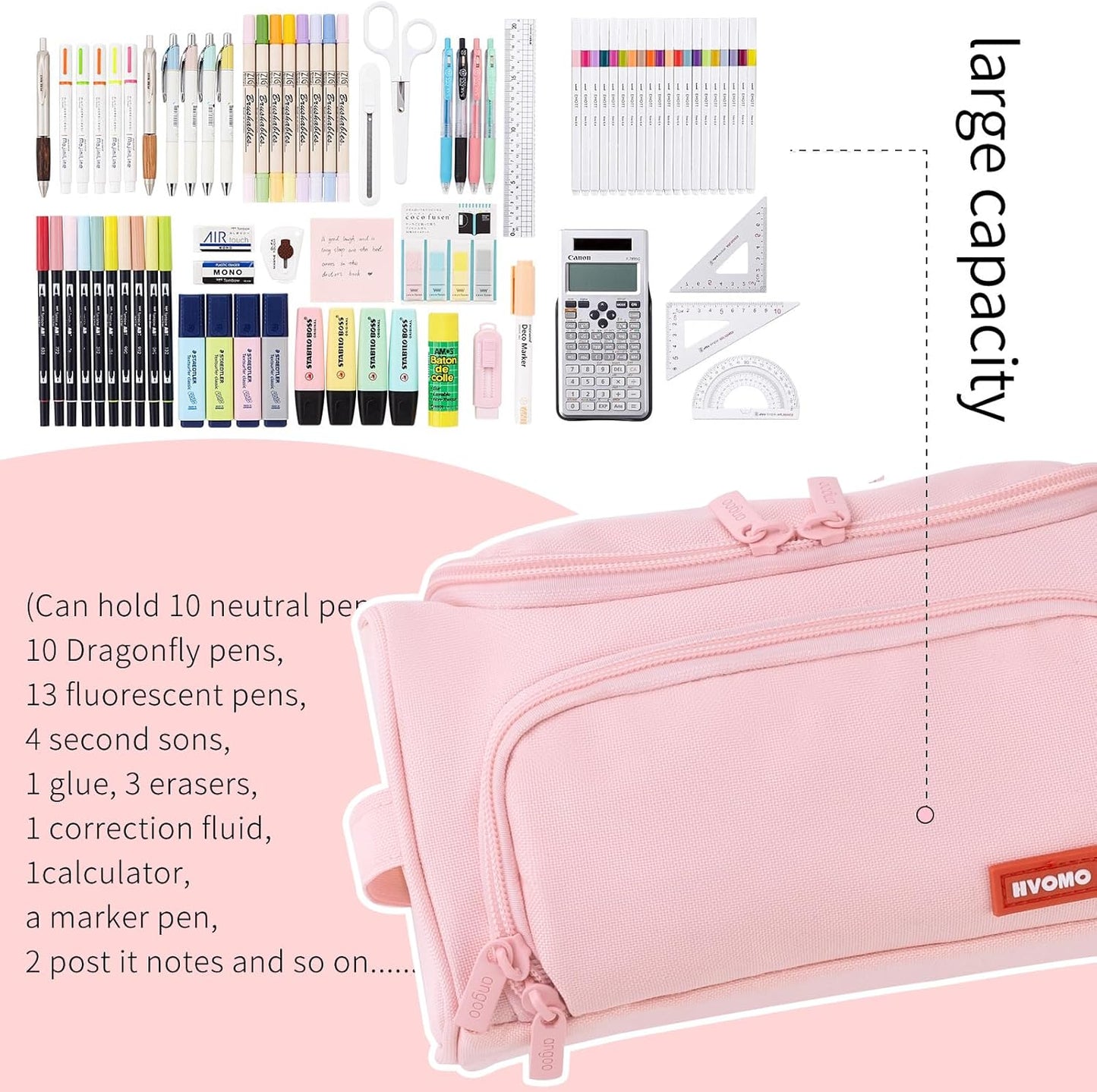 HVOMO Big Capacity Pencil Case High Large Storage Pouch Marker Pen Case Travel Simple Stationery Bag School College Office Organizer for Teens Girls Adults Student（Pink）