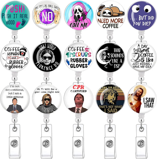 15 Pcs Funny Badge Reels Retractable Badge Holders,Id Badge Holder Retractable Clip,Cute Badge Reel Retractable Lanyards for Id Badges- Perfect for Men & Women Coworkers