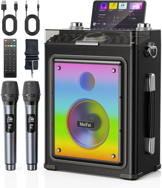 Karaoke Machine for Adults with 2 Wireless Microphones & Guitar Input, Professional Bluetooth 5.3 Speaker, Portable Wooden Karaoke PA System with Bass/Treble Adjustable for Backyard, Home Party