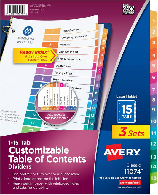 Avery Dividers for 3 Ring Binders, 15 Tabs per Set, Customizable Table of Contents, Multicolor Tabs, Great for Organizing Reports, Projects, and More (3 Sets of 11074)