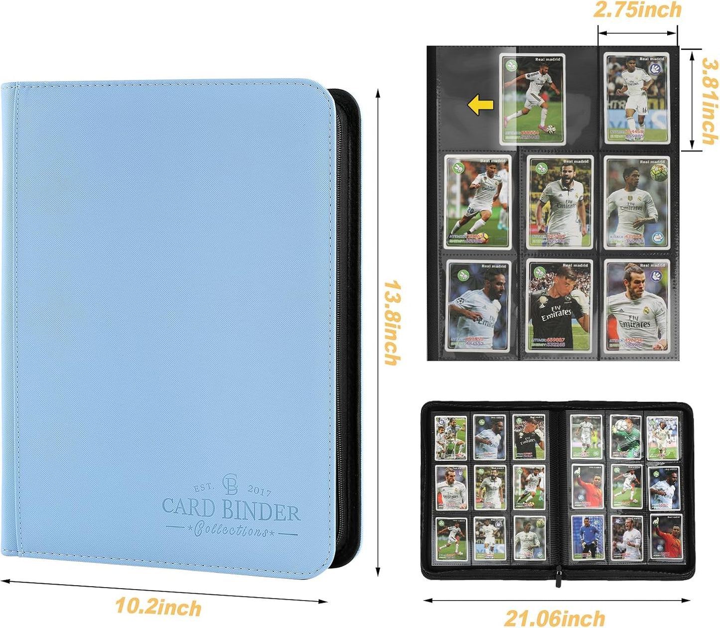 9 Pockets Card Binder,Premium Zip Trading Card Binder,540 Double Sided Pocket PU Collection Binder, Collector Album, Card Folder for MTG, TCG, Business Cards.(Light Blue)