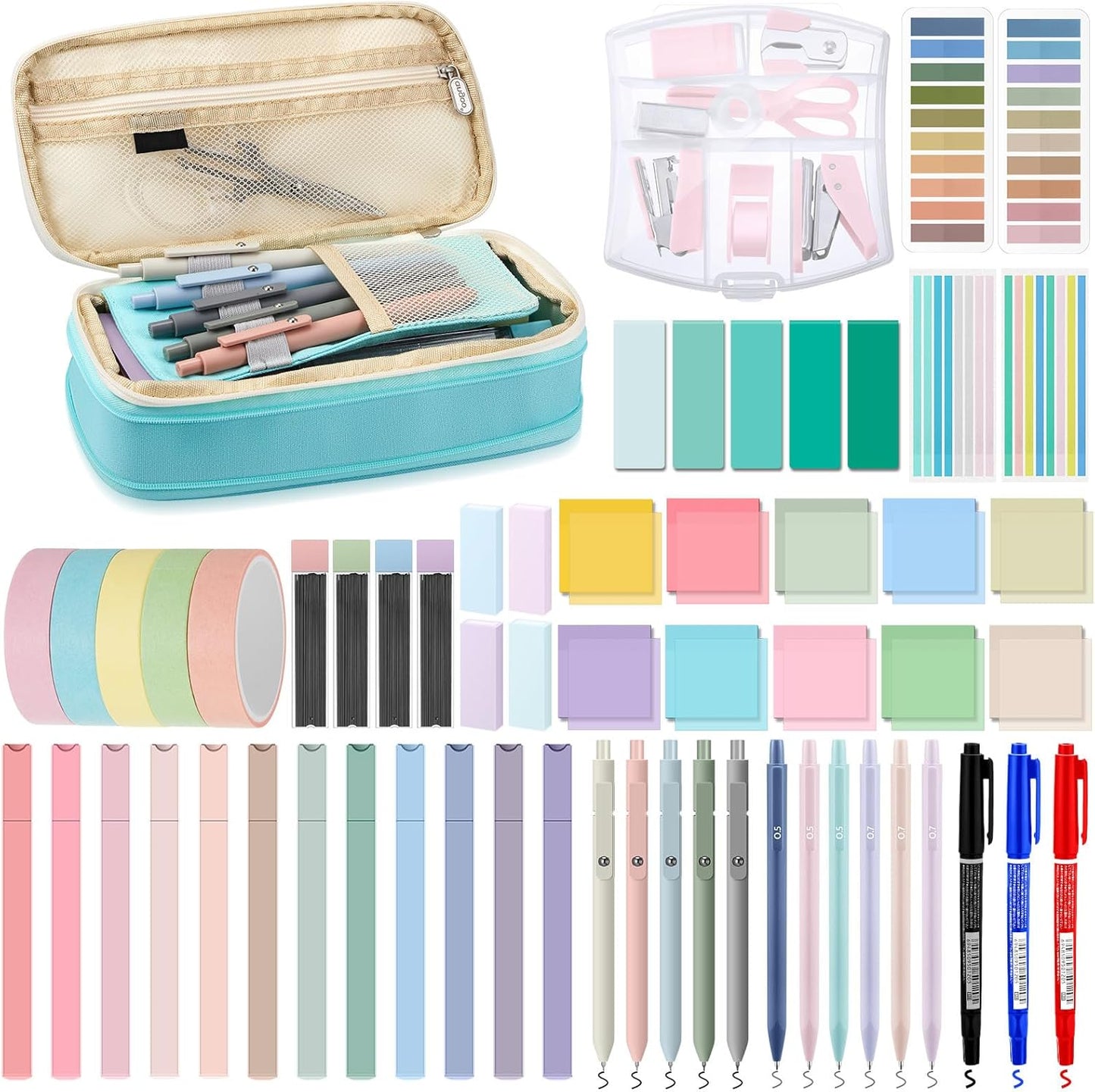 60 Pcs Aesthetic Book Annotation Kit School Supplies Cute Pencil Case with Highlighter Gel Pen Mechanical Pencil Magnetic Bookmarks Transparent Sticky Note Tabs Student Stationary(Mint Green)