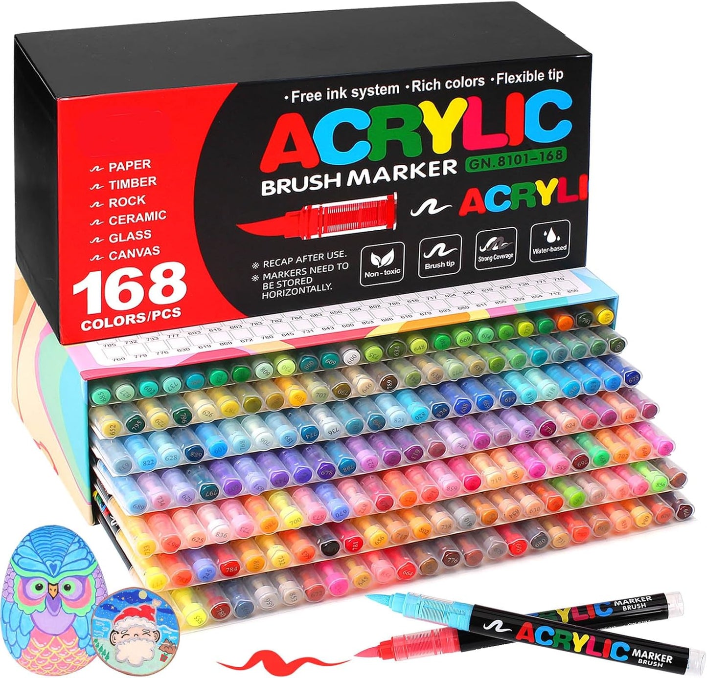 168 Acrylic Paint Markers, Soft Brush Tip Acrylic Markers for Rock Painting, Wood, Stone, Glass, Canvas, Fabric, Ceramic - Brush Tip Water Based Pens