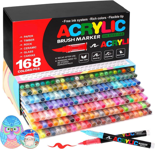 168 Acrylic Paint Markers, Soft Brush Tip Acrylic Markers for Rock Painting, Wood, Stone, Glass, Canvas, Fabric, Ceramic - Brush Tip Water Based Pens