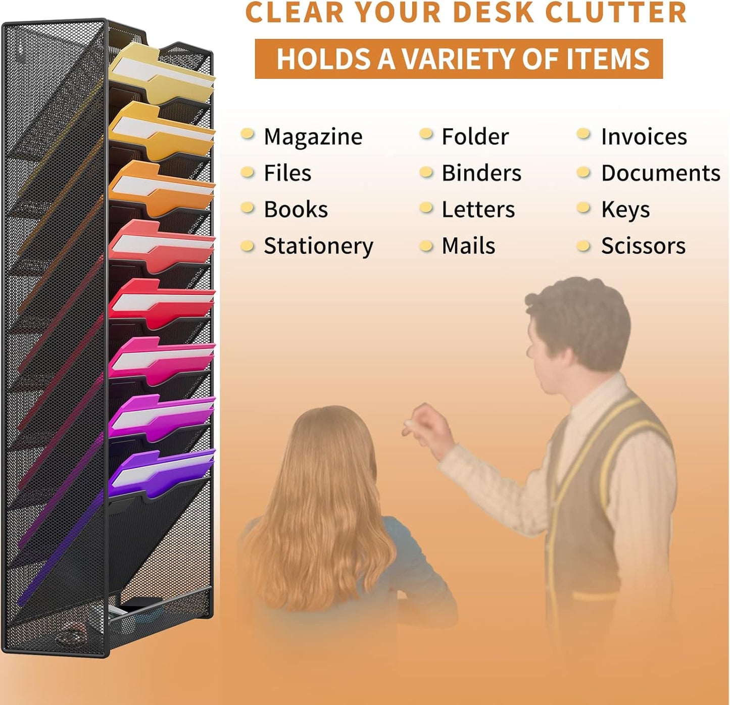 10-Tier Hanging Wall File Organizer Wall Mounted File Holder Document Wall Organizer for Office Organization and School Storage (No Assembly Required) (10 Tier Black)