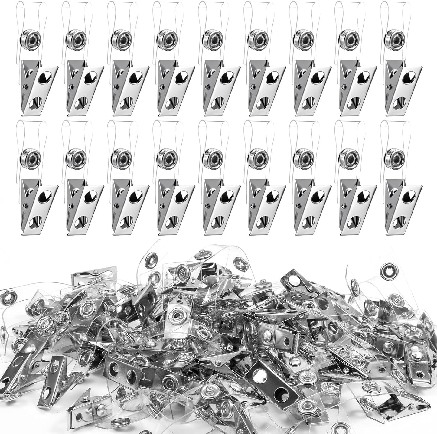 300 Pcs Metal Badge Clips with Clear PVC Straps – Double Hole ID Card Clips for Name Tags, Badge Holders & Office Use