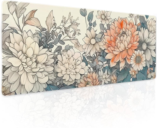 Japanese Aesthetic Floral Gaming Mouse Pad XL Vintage Orange White Flowers Extended Large Mat Mousepad Desk Pad Non-Slip Rubber Base Stitched Edge Long Keyboard Pad for Computer,31.5×11.8 Inch